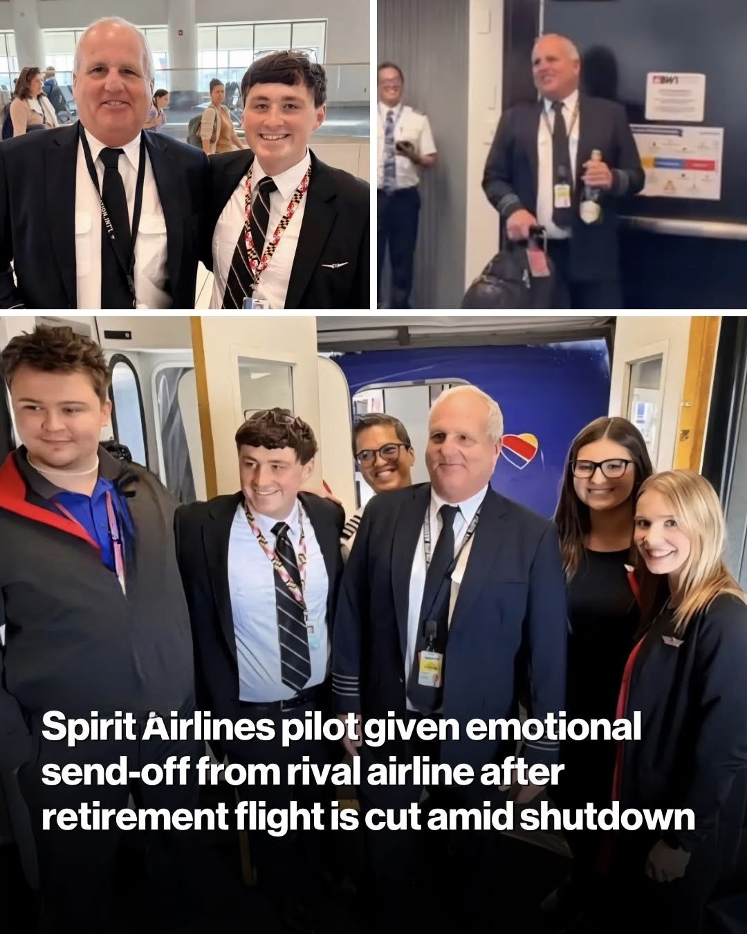 Spirit Airlines pilot given emotional send-off from rival airline after retirement flight is cut amid shutdown