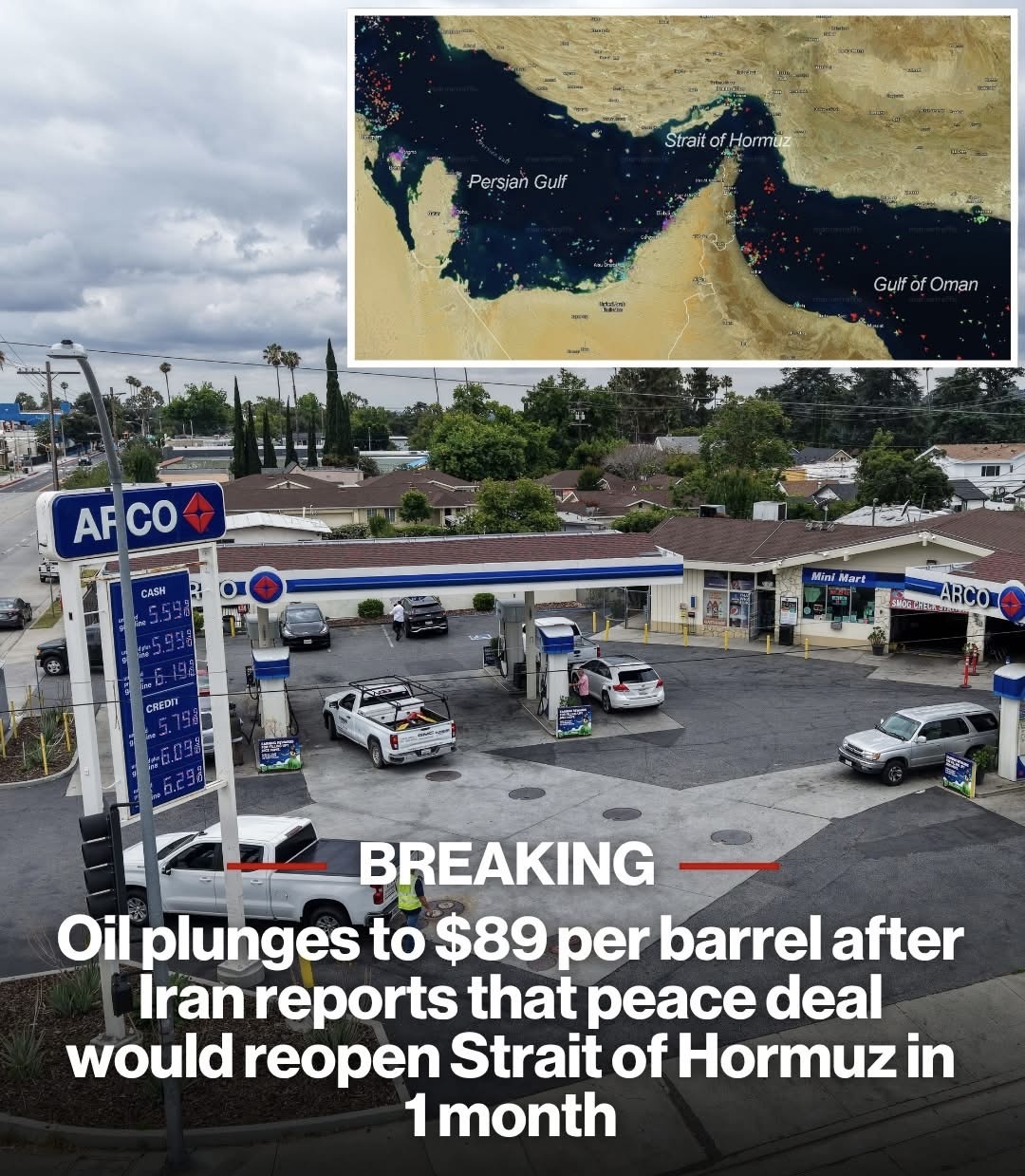 BUSINESS Oil plunges to $89 per barrel after Iran reports that peace deal would reopen Strait of Hormuz in 1 month